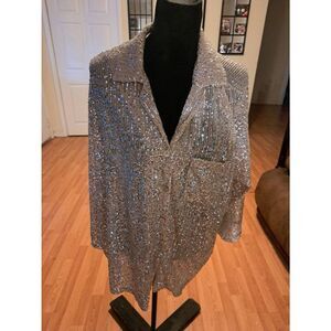 New Like Love Women’s 3X Silver Sequin Semi-Sheer V-Neck Blouse 3/4 Sleeve Top